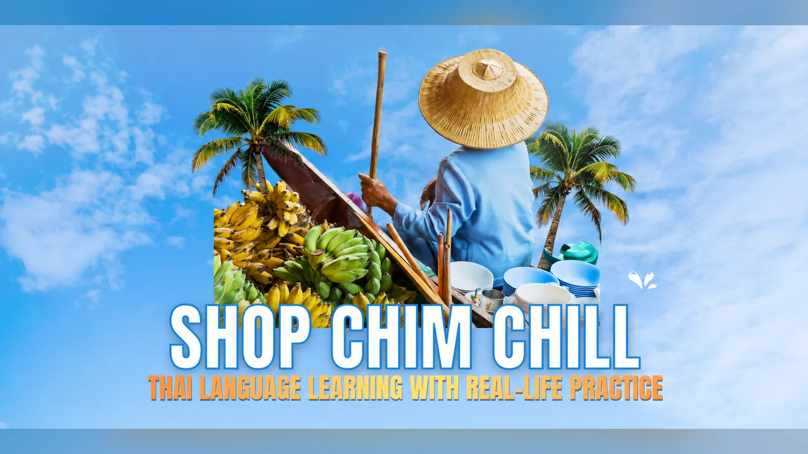 Floating market vendor and tropical fruit on the Shop Chim Chill tour artwork