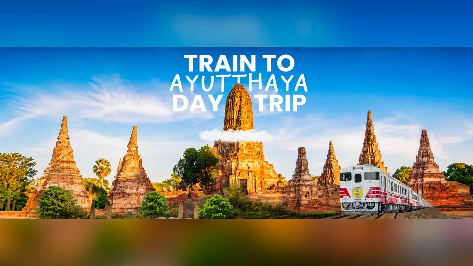 Ayutthaya temple ruins and a local train on the O-World Travel day trip artwork