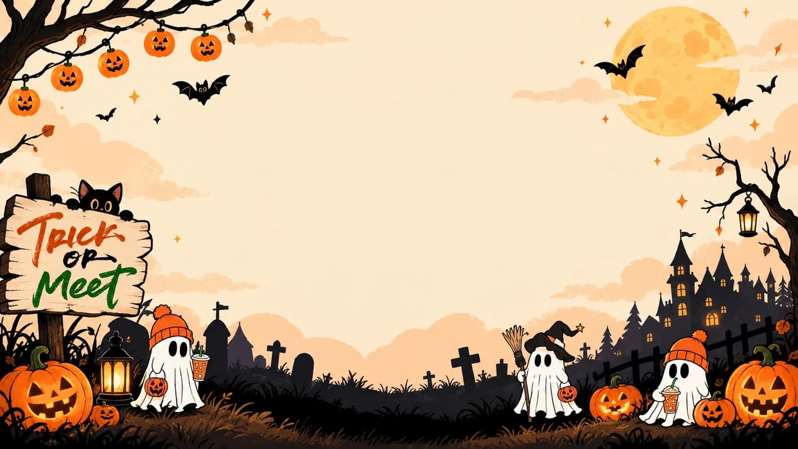 Halloween illustration of ghosts in orange beanies, jack-o’-lanterns and a Trick or Meet signpost under a full moon