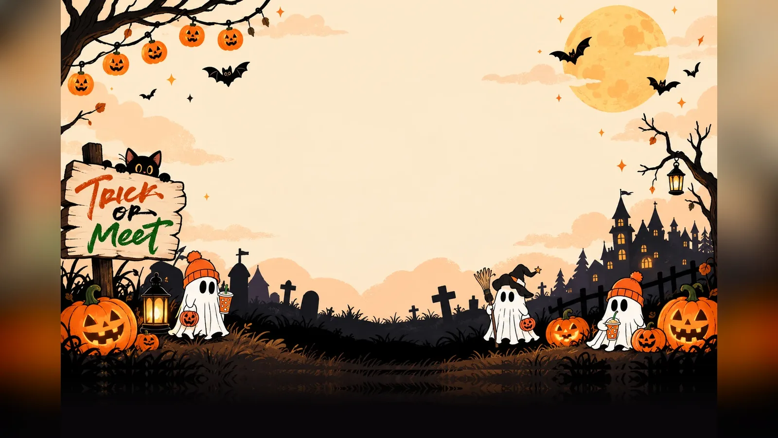 Trick or Meet Halloween artwork: a signpost with a black cat, friendly ghosts, glowing pumpkins and a haunted castle at dusk