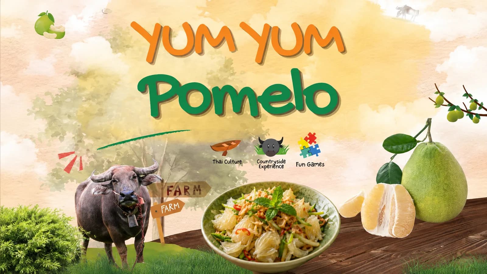 Pomelo, pomelo salad and a buffalo on the Yum Yum Pomelo farm tour artwork