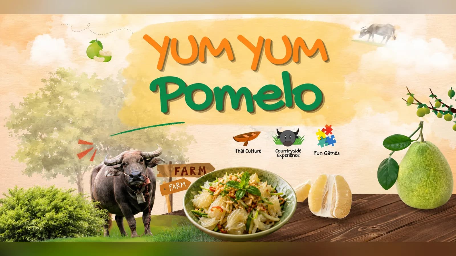 Nakhon Pathom pomelo farm experience illustrated on the Yum Yum Pomelo tour artwork